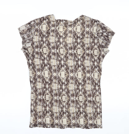 Worthington Women Brown Geometric V-Neck Short Sleeve Tunic Blouse Size L