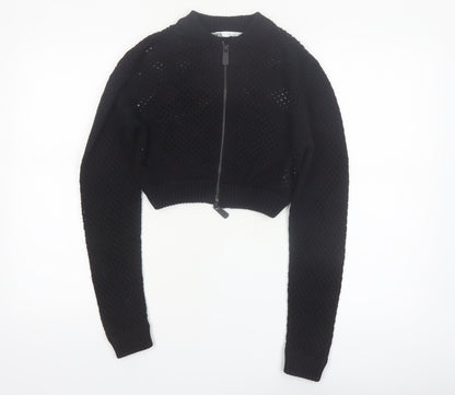 ZARA Women’s Black Cotton Open-Knit Full Zip Cropped Jumper Size 12