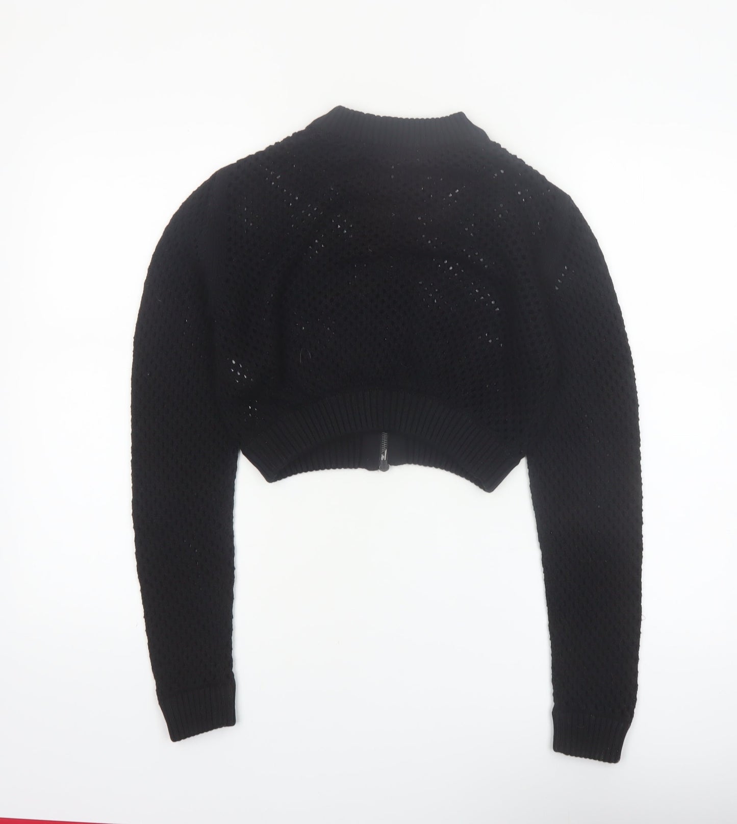 ZARA Women’s Black Cotton Open-Knit Full Zip Cropped Jumper Size 12