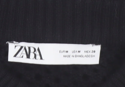 ZARA Women’s Black Cotton Open-Knit Full Zip Cropped Jumper Size 12