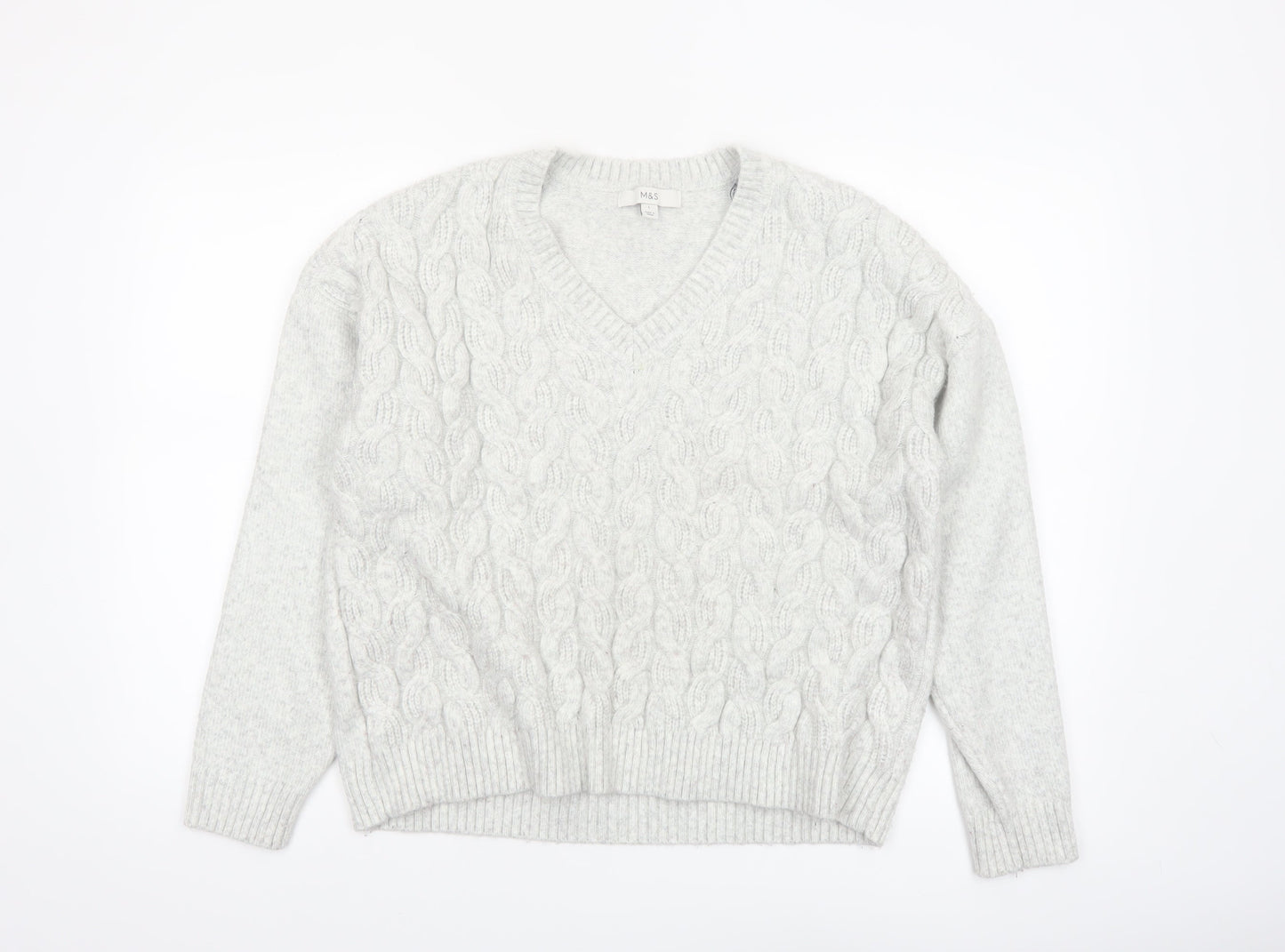 Marks and Spencer Women Grey V-Neck Cable Knit Jumper L