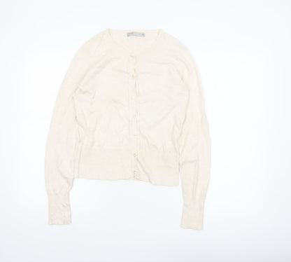 Oasis Women Ivory Cotton Long Sleeve Crew Neck Cardigan XS