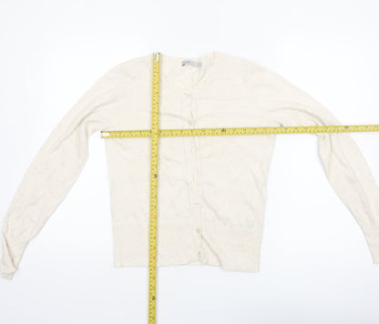 Oasis Women Ivory Cotton Long Sleeve Crew Neck Cardigan XS