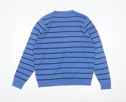 Marks and Spencer Men's Blue Striped V-Neck Jumper Medium