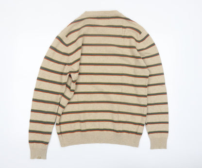 Marks and Spencer Men's Beige Striped Wool Crew Neck Jumper M