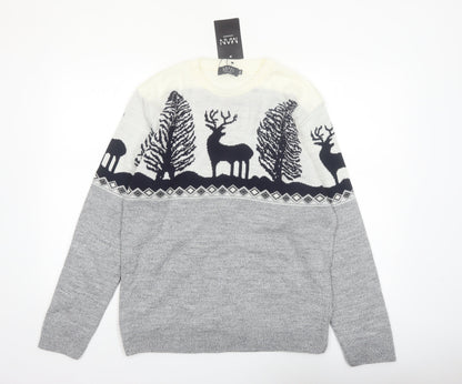 boohooMAN Men's Grey XL Pullover Christmas Reindeer Knit Jumper