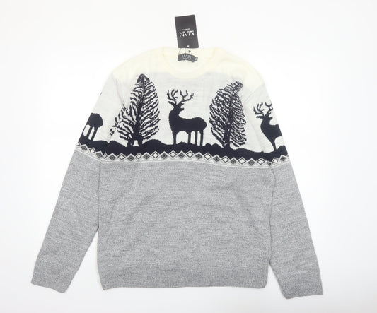 boohooMAN Men's Grey XL Pullover Christmas Reindeer Knit Jumper