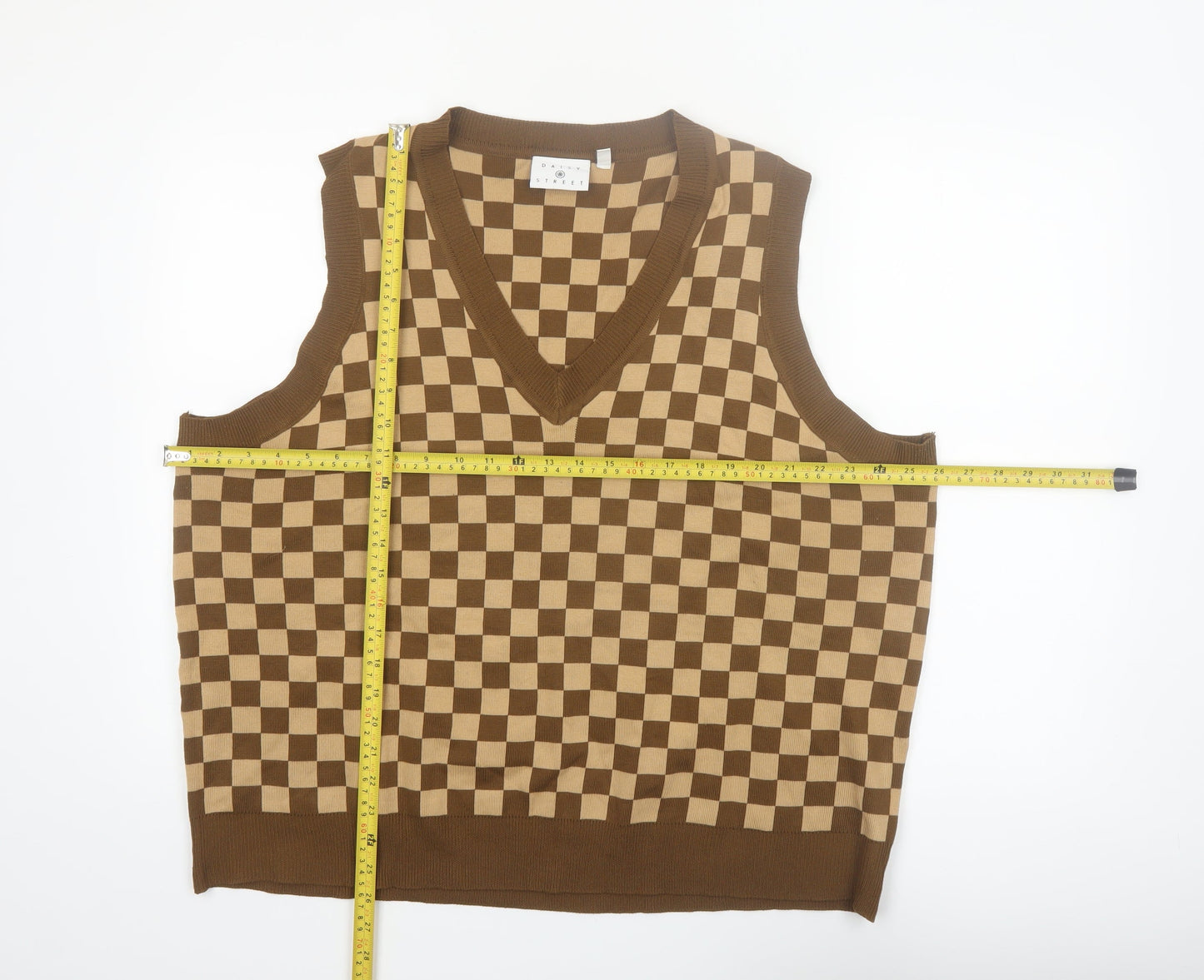 Daisy Street Women's Brown Check V-Neck Sleeveless Knit Vest Size 24