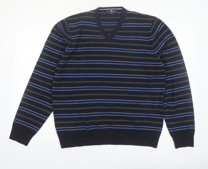Marks and Spencer Mens Navy Mix V-Neck Striped Jumper Medium
