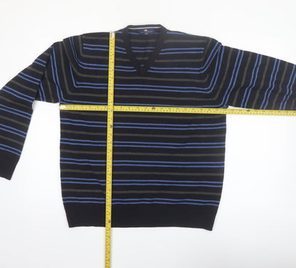 Marks and Spencer Mens Navy Mix V-Neck Striped Jumper Medium