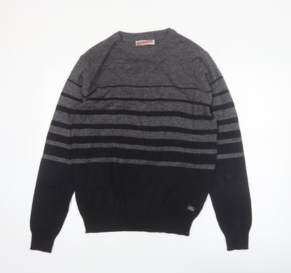 Burnside Mens Grey Striped Cotton Crew Neck Pullover Jumper L