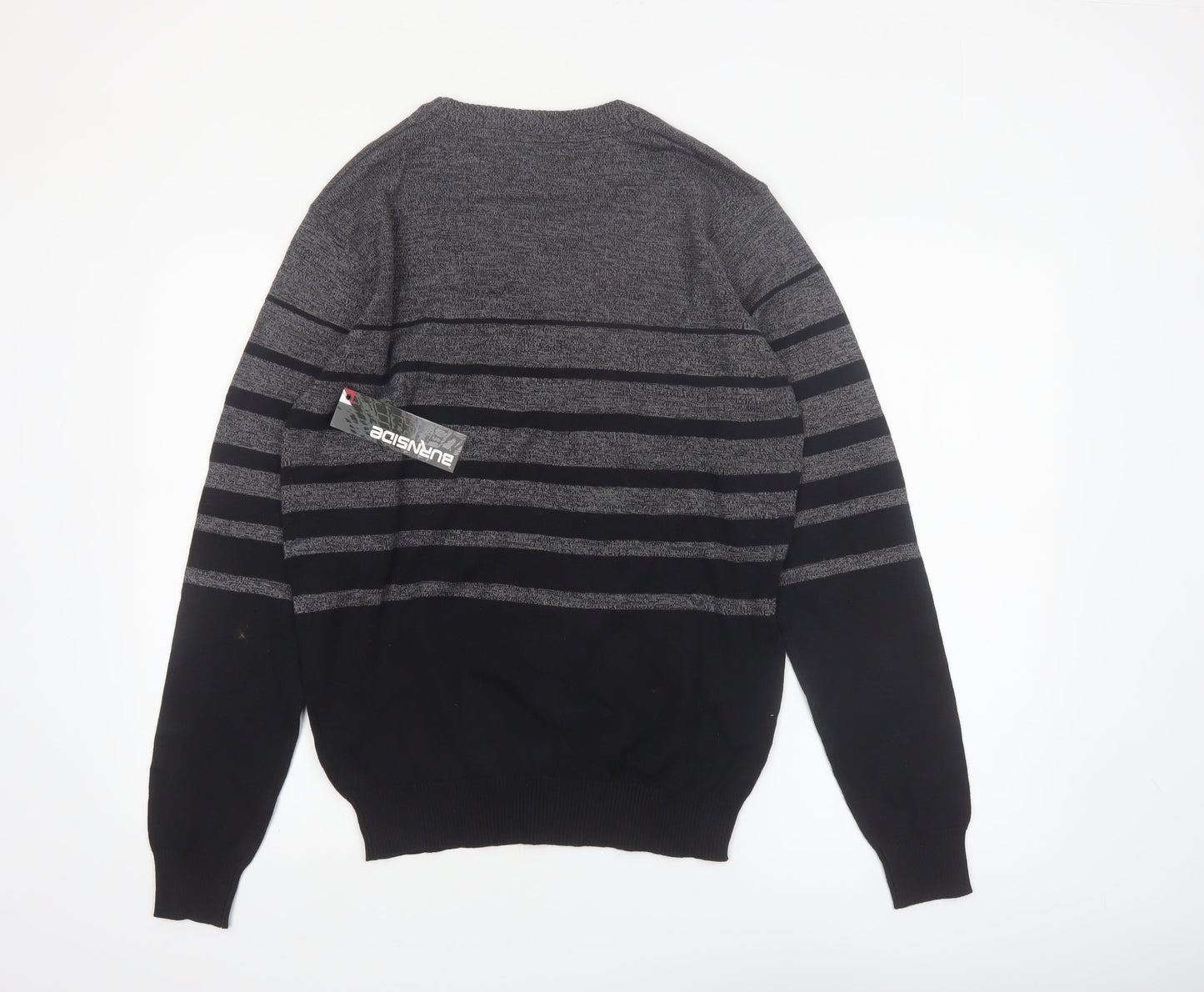 Burnside Mens Grey Striped Cotton Crew Neck Pullover Jumper L