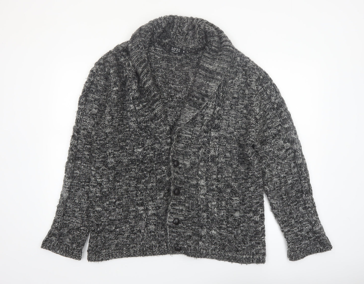 boohooMAN Men's Grey Chunky Knit Shawl Collar Cardigan Size M
