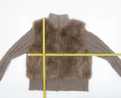 Papaya Women Brown Size 18 Faux Fur Trim Full Zip Knit Jumper