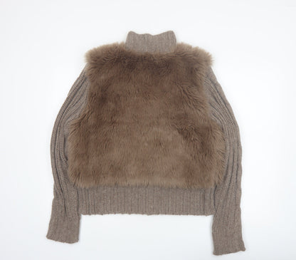 Papaya Women Brown Size 18 Faux Fur Trim Full Zip Knit Jumper