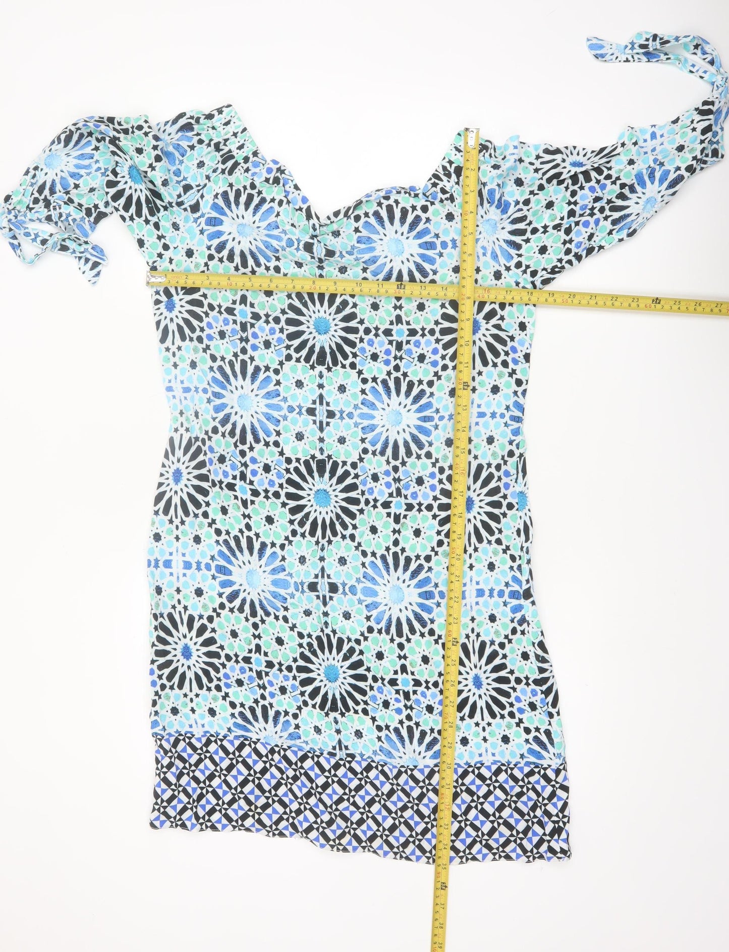 Wallis Women Blue Geometric Off Shoulder Shift Dress Size 10
