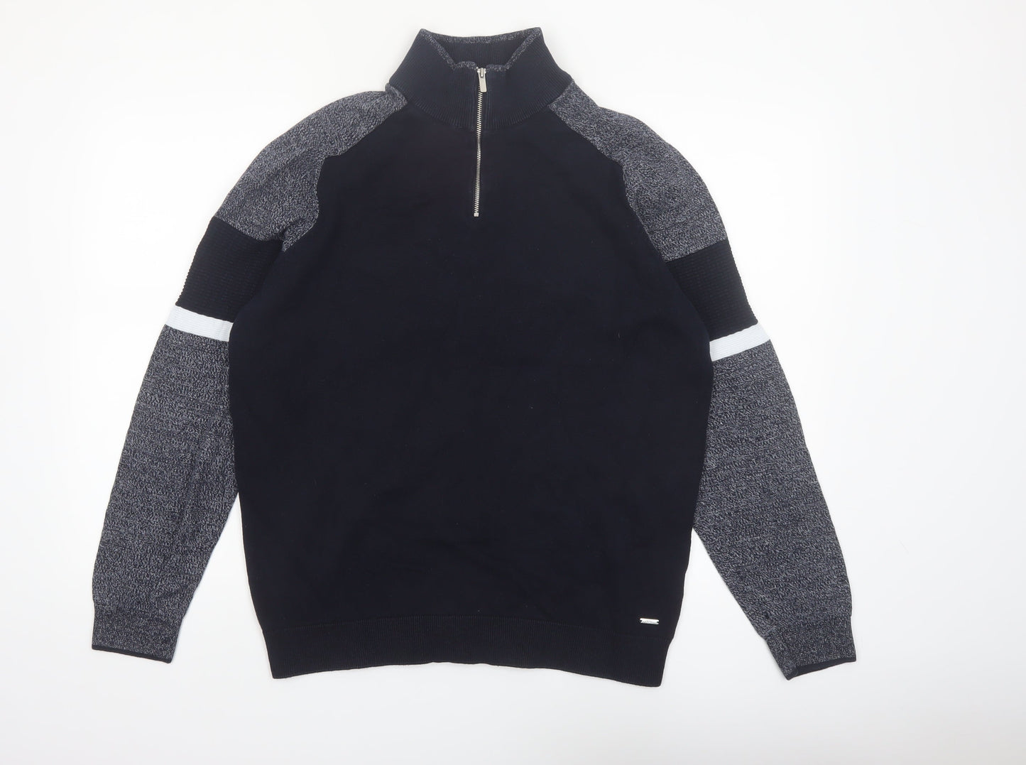 Next Men's Black XL 1/4 Zip High Neck Cotton Jumper