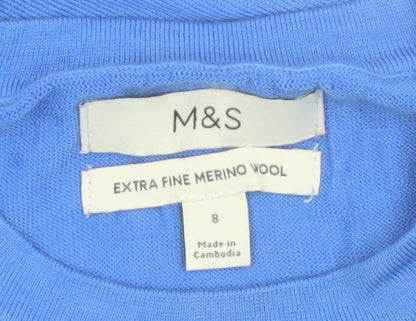 Marks and Spencer Women Blue Size 8 Crew Neck Merino Wool Jumper