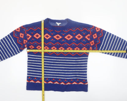 M&Co Women Blue Geometric Striped Crew Neck Jumper Size 12