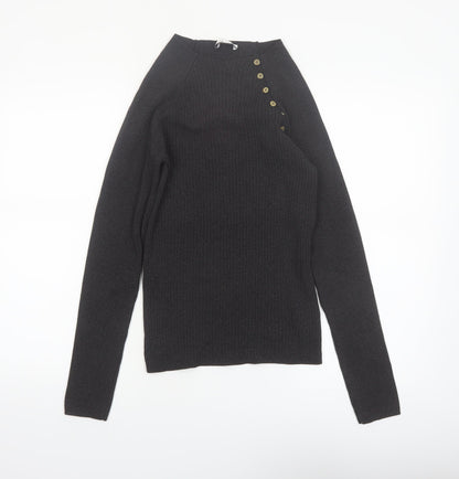 Topshop Women's Black High Neck Button Detail Knit Jumper Size M