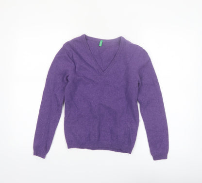 United Colors of Benetton Women's Purple Wool V-Neck Jumper Size 8