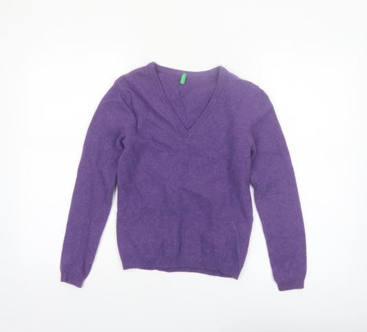 United Colors of Benetton Women's Purple Wool V-Neck Jumper Size 8