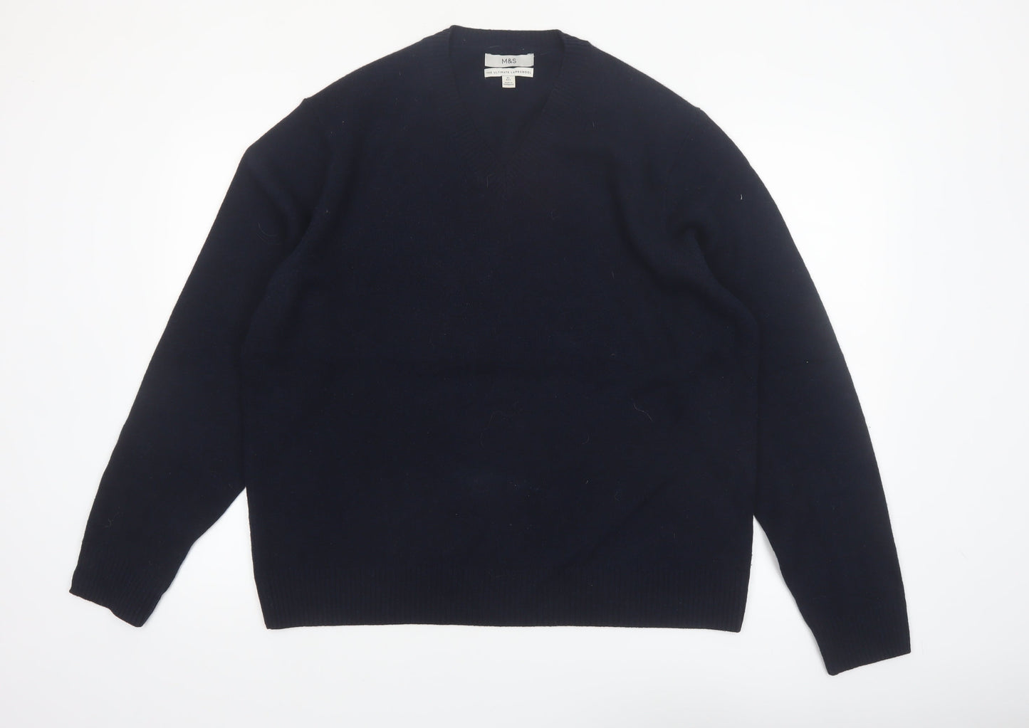 Marks and Spencer Men's Blue Wool V-Neck Jumper XL Regular Fit