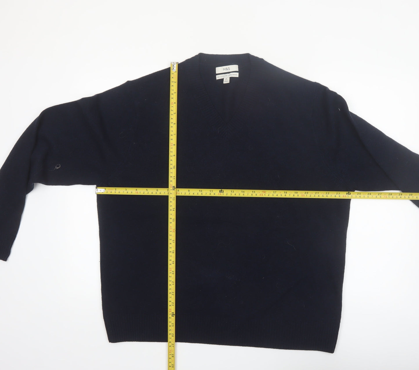 Marks and Spencer Men's Blue Wool V-Neck Jumper XL Regular Fit