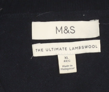 Marks and Spencer Men's Blue Wool V-Neck Jumper XL Regular Fit