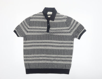 Marks and Spencer Men’s Blue Striped Knit Polo Shirt L Regular Fit