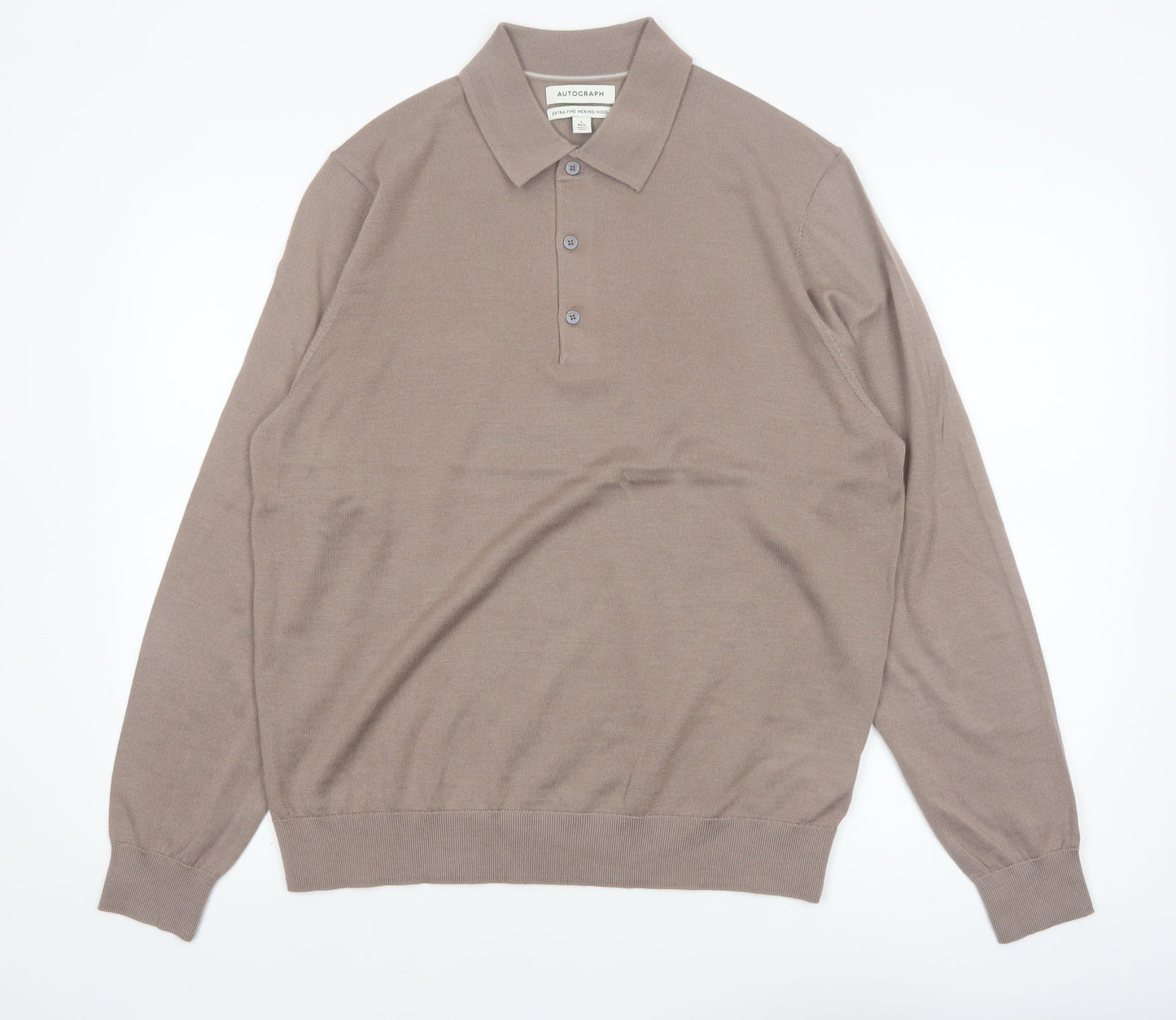 Marks and Spencer Autograph Men's Beige Merino Wool Long Sleeve Henley Jumper Size L