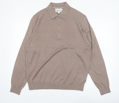 Marks and Spencer Autograph Men's Beige Merino Wool Long Sleeve Henley Jumper Size L