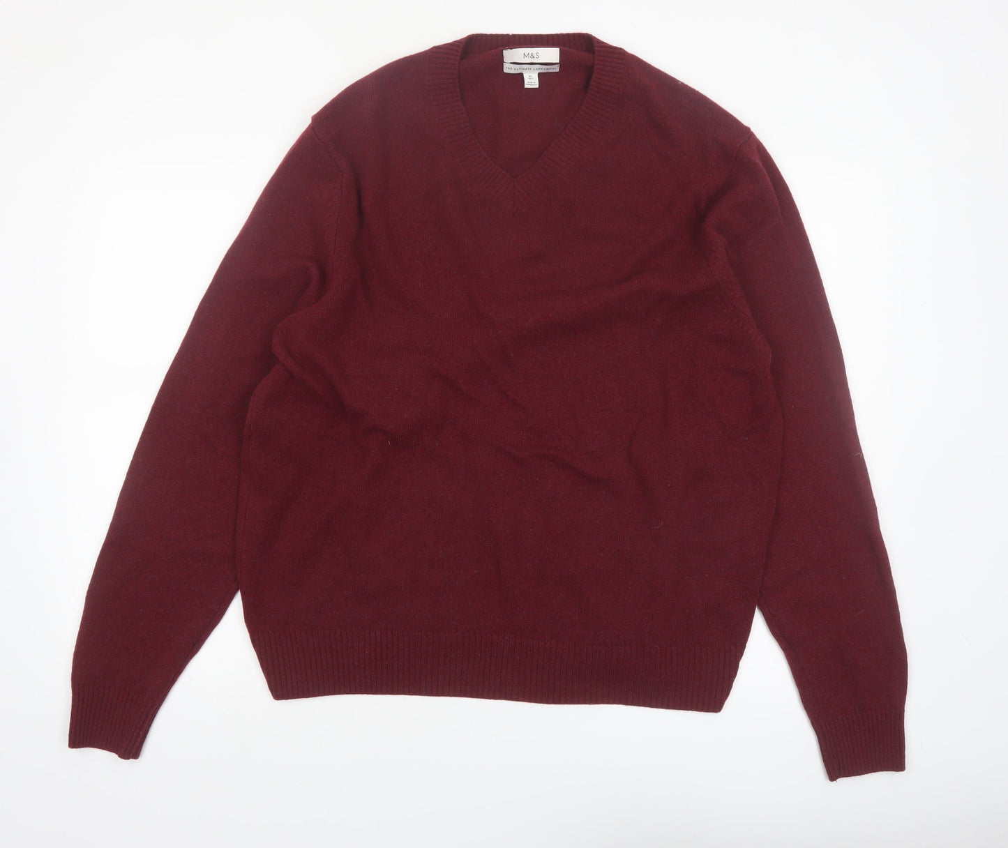 Marks and Spencer Men's Red Wool V-Neck Jumper XL Classic Fit