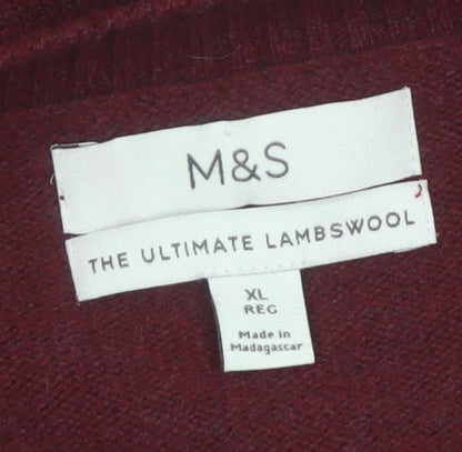 Marks and Spencer Men's Red Wool V-Neck Jumper XL Classic Fit