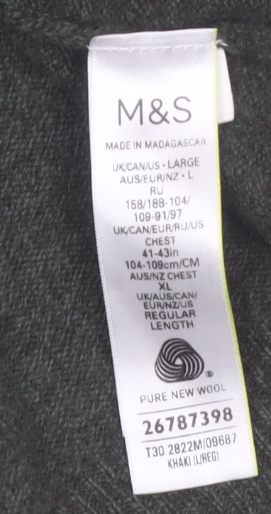 Marks and Spencer Men's Green Wool V-Neck Jumper XL