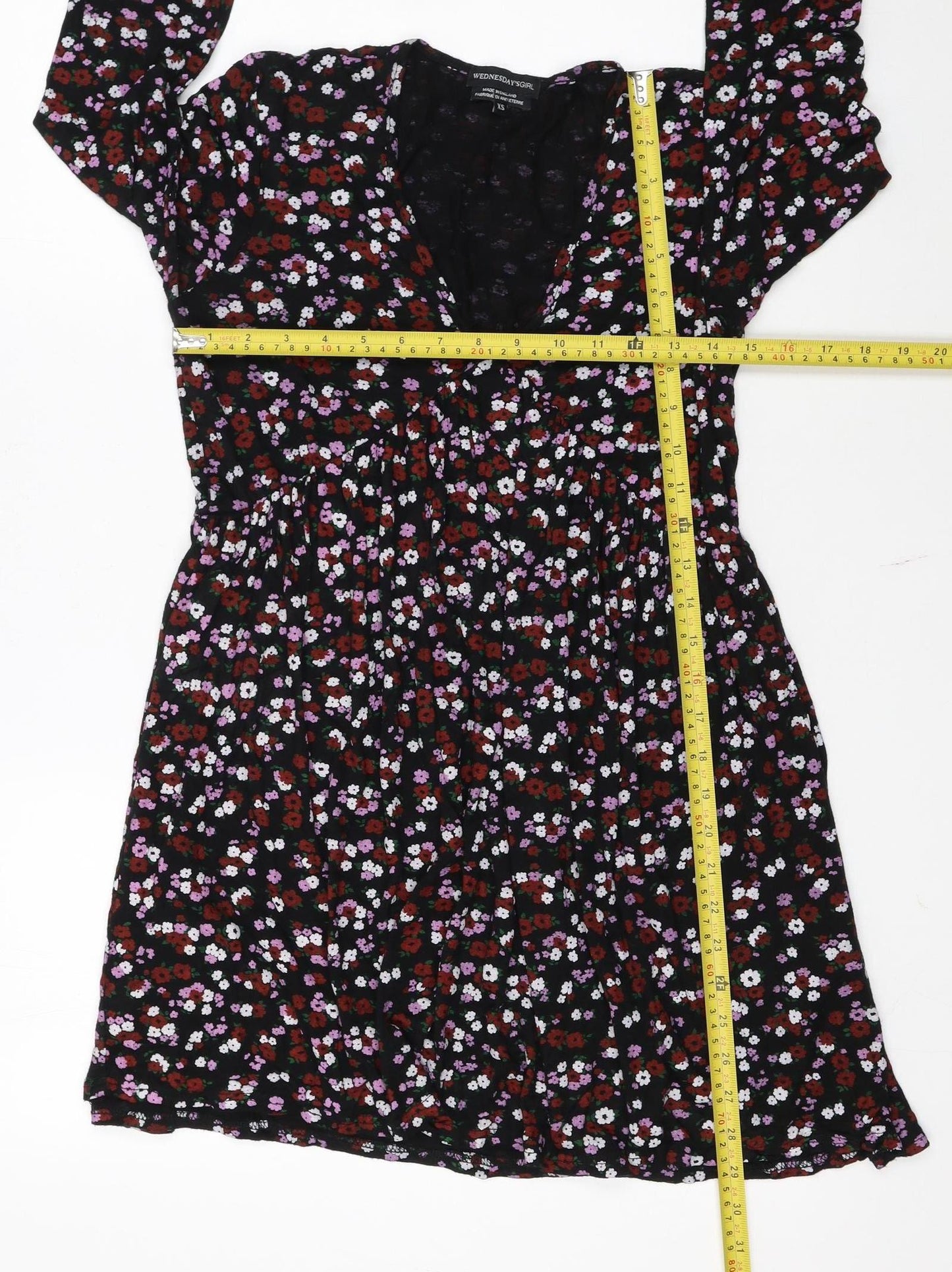 Wednesday’s Girl Womens Black Floral V-Neck Long Sleeve Skater Dress XS