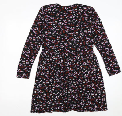 Wednesday’s Girl Womens Black Floral V-Neck Long Sleeve Skater Dress XS
