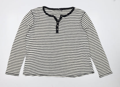 Marks and Spencer Women’s White Stripe Henley Long Sleeve Cotton T-Shirt Size 18