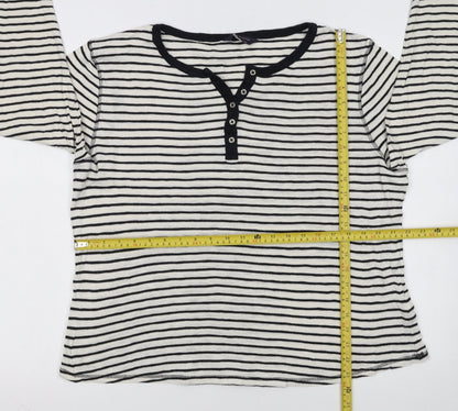Marks and Spencer Women’s White Stripe Henley Long Sleeve Cotton T-Shirt Size 18