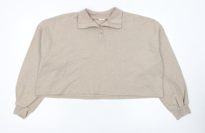 He Women Beige Small Henley Jumper Cotton Blend Long Sleeve Top