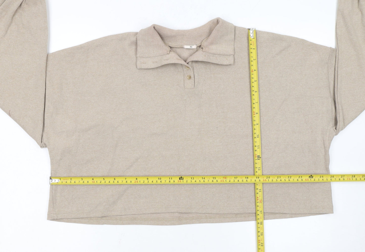 He Women Beige Small Henley Jumper Cotton Blend Long Sleeve Top