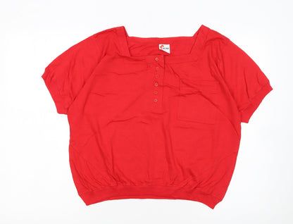 MEMO Red Women's Short Sleeve Cotton Button-Up Top S