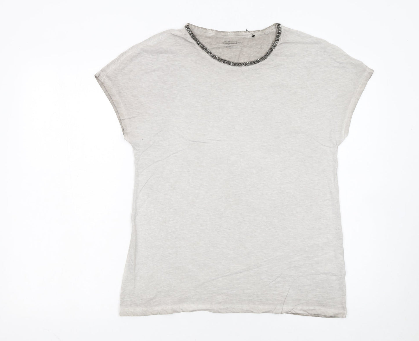 Hauber Women Beige Beaded Crew Neck Basic Cotton T-Shirt Size S