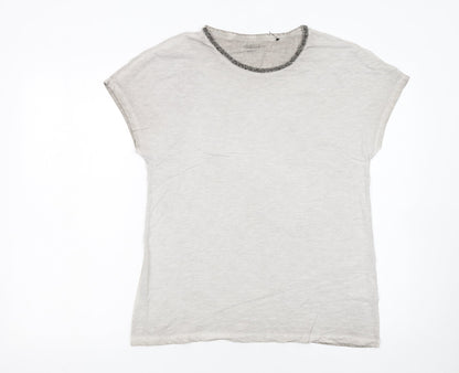 Hauber Women Beige Beaded Crew Neck Basic Cotton T-Shirt Size S
