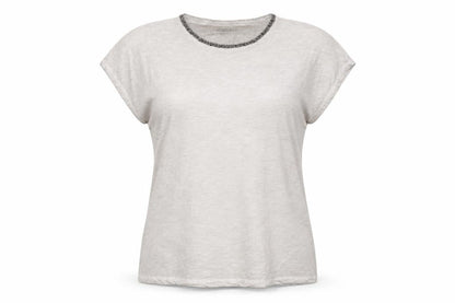 Hauber Women Beige Beaded Crew Neck Basic Cotton T-Shirt Size S