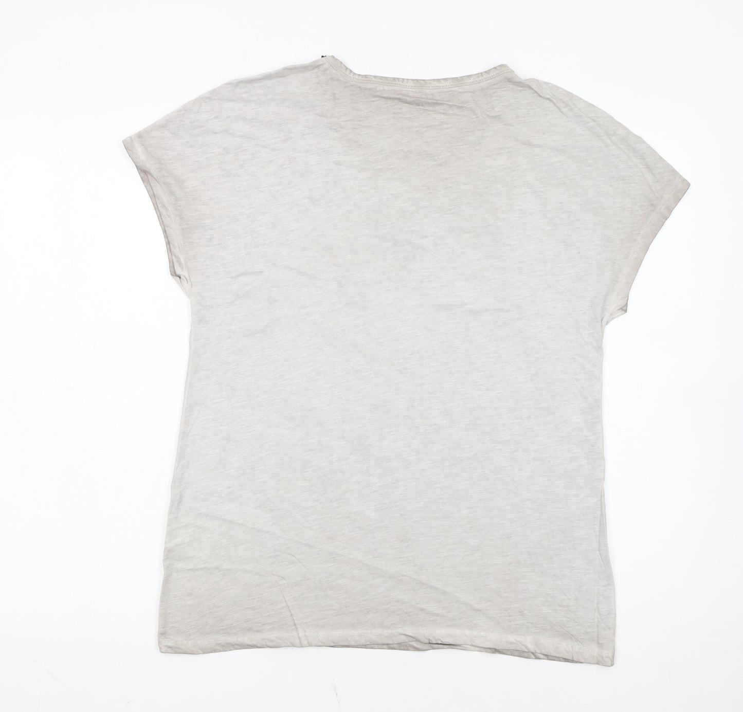 Hauber Women Beige Beaded Crew Neck Basic Cotton T-Shirt Size S