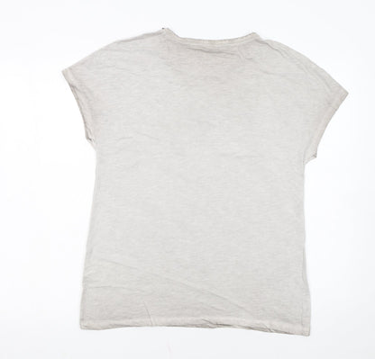 Hauber Women Beige Beaded Crew Neck Basic Cotton T-Shirt Size S