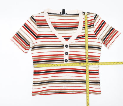 New Look Women’s Multicoloured Striped V-Neck Button T-Shirt Size 16