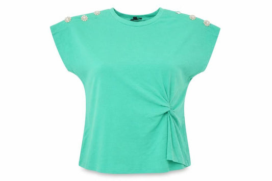 Blue Vanilla Women's Green Beaded Shoulder Crew Neck T-Shirt Size M