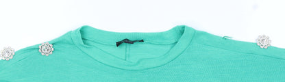Blue Vanilla Women's Green Beaded Shoulder Crew Neck T-Shirt Size M
